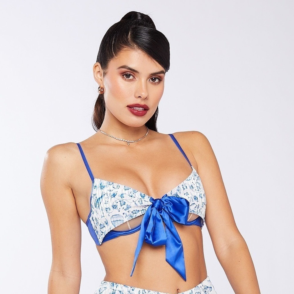 Savage X Fenty Plush‎ Velvet Tie-Front Unlined Satin Bow Underwire Bra Size 34C